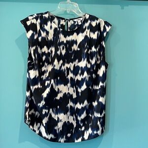 Express Navy and White Abstract Print Cap-Sleeve Blouse